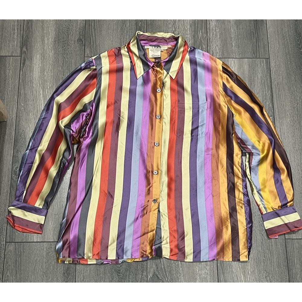 Como Vintage Woman multi Silk Striped Button Up Shirt Top Sz 12 A004693